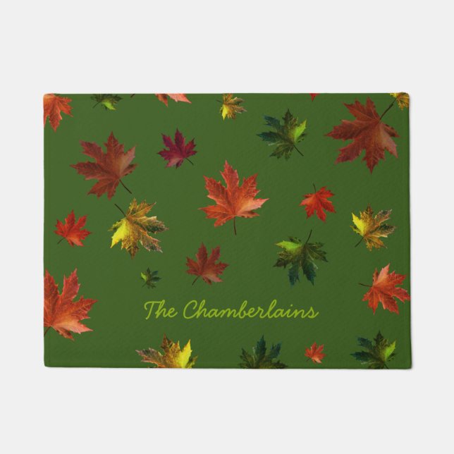 Elegant Rustic Canadian Maple Leaf on Green Doormat (Front)