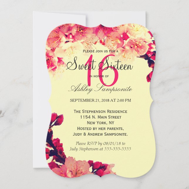Elegant & Rustic Cherry Blossoms on Vintage Yellow Invitation (Front)
