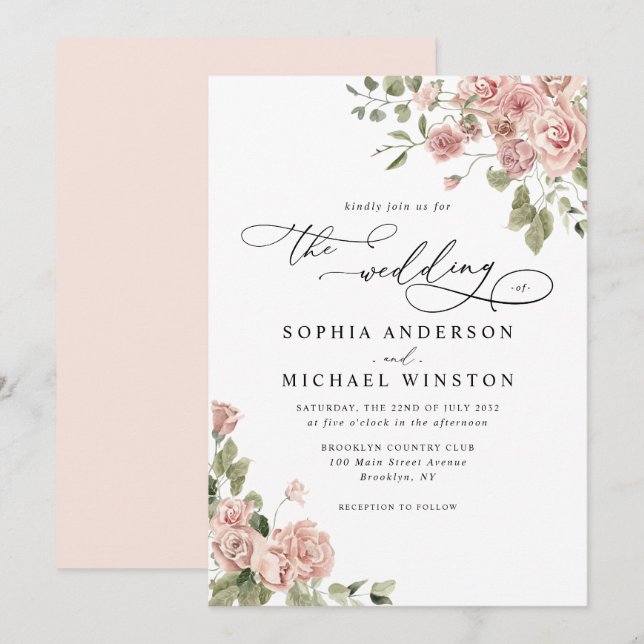 Elegant Rustic Chic Blush Pink Rose Floral Wedding Invitation (Front/Back)