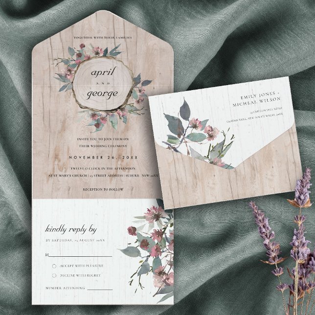 ELEGANT RUSTIC CHIC WOOD SLICE PINK FLORAL WEDDING ALL IN ONE INVITATION (Creator Uploaded)