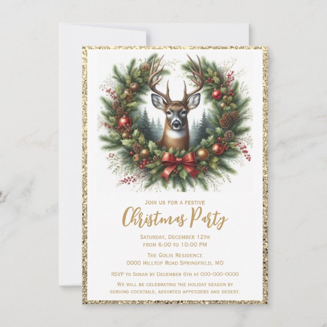 Elegant Rustic Christmas Deer Holiday Party  Invitation (Front)