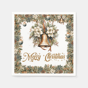 Elegant rustic Christmas holly and gold bells Napkin