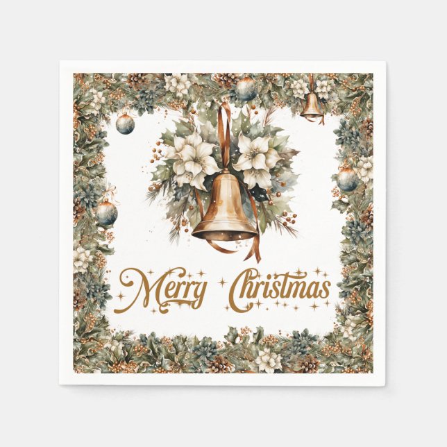 Elegant rustic Christmas holly and gold bells Napkin (Front)