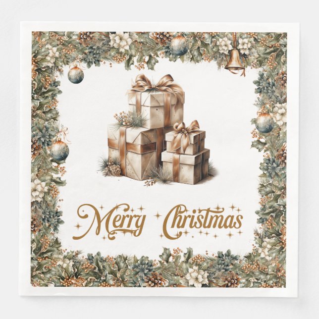 Elegant rustic Christmas holly and gold presents Napkin (Front)
