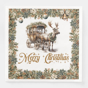 Elegant rustic Christmas holly Reindeer sleigh Napkin