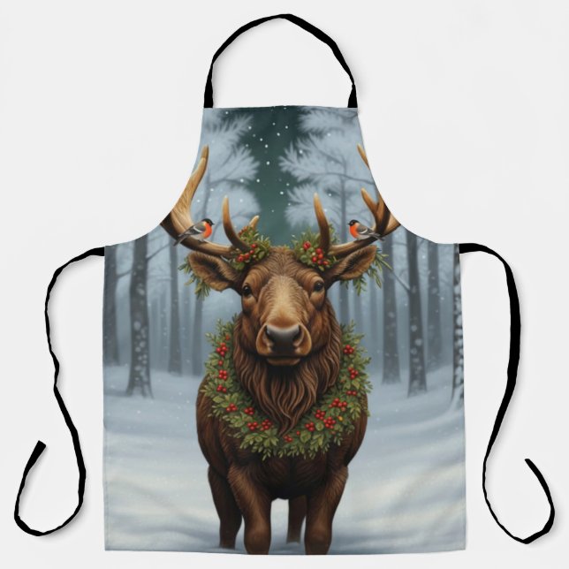 Elegant rustic Christmas moose winter landscape Apron (Front)