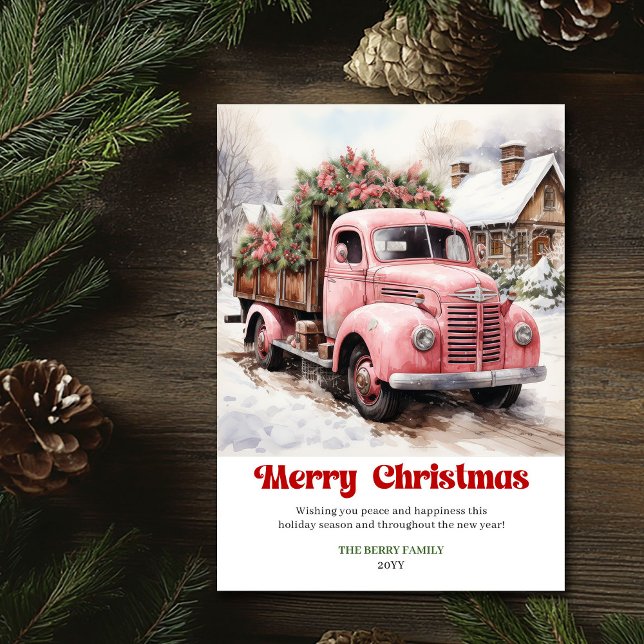 Elegant rustic Christmas scene pink truck greeting Holiday Card (Elegant rustic Christmas scene pink truck greeting Holiday Card)