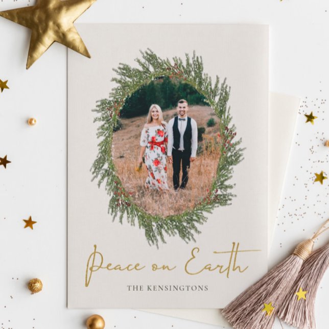 Elegant Rustic Christmas Wreath Holiday Photo (Creator Uploaded)