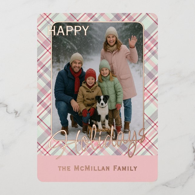 Elegant Rustic Classy Plaid Pattern Gold Foil Holiday Card (Front)