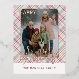 Elegant Rustic Classy Plaid Pattern Gold Foil Holiday Postcard