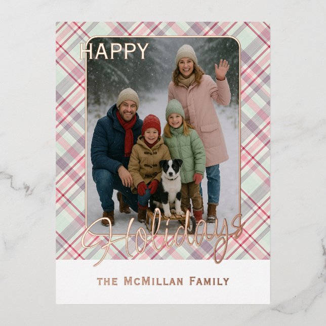 Elegant Rustic Classy Plaid Pattern Gold Foil Holiday Postcard (Front)