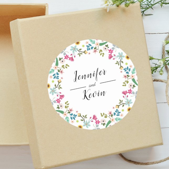  Elegant Rustic Colourful Wildflower Wedding  Classic Round Sticker (Creator Uploaded)