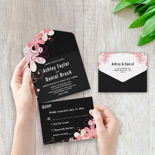 Elegant Rustic Country Roses Black Floral Wedding All In One Invitation
