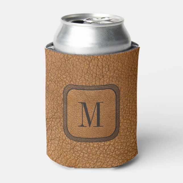 Elegant Rustic Country Vintage Leather Monogram Can Cooler (Can Front)