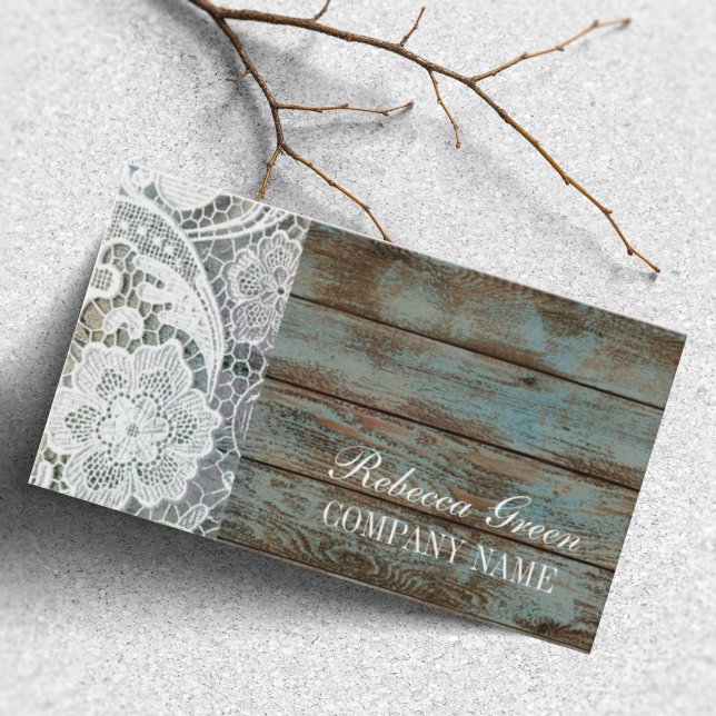 Elegant Rustic Country White Lace blue Barn Wood Business Card (Creator Uploaded)
