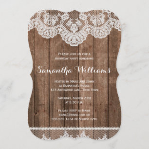 Elegant Rustic Country Wood & Lace Birthday Invitation