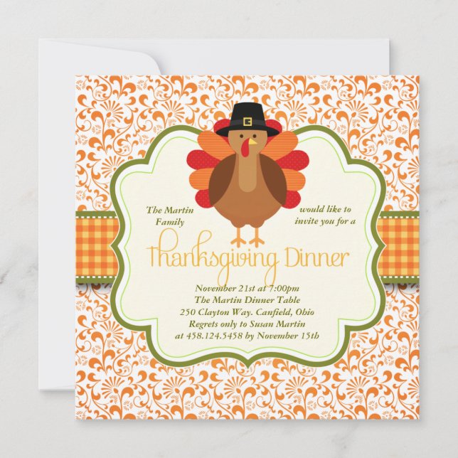 Elegant Rustic Cute Turkey Thanksgiving Dinner Invitation (Front)