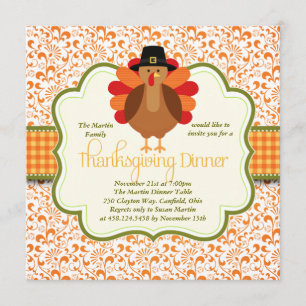 Elegant Rustic Cute Turkey Thanksgiving Dinner Invitation