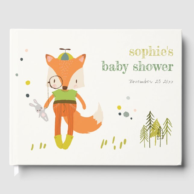Elegant Rustic Cute Woodland Fun Fox Baby Shower Guest Book (Front)