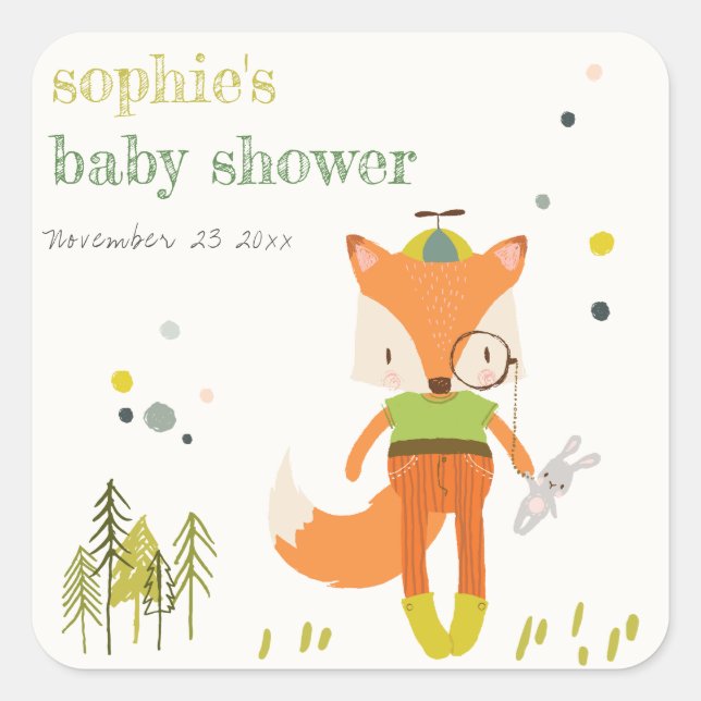 Elegant Rustic Cute Woodland Fun Fox Baby Shower Square Sticker (Front)