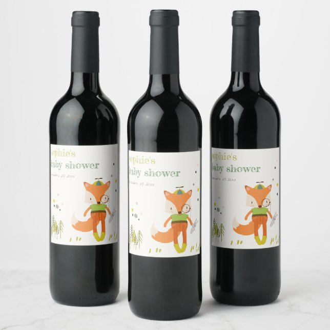 Elegant Rustic Cute Woodland Fun Fox Baby Shower Wine Label (Bottles)