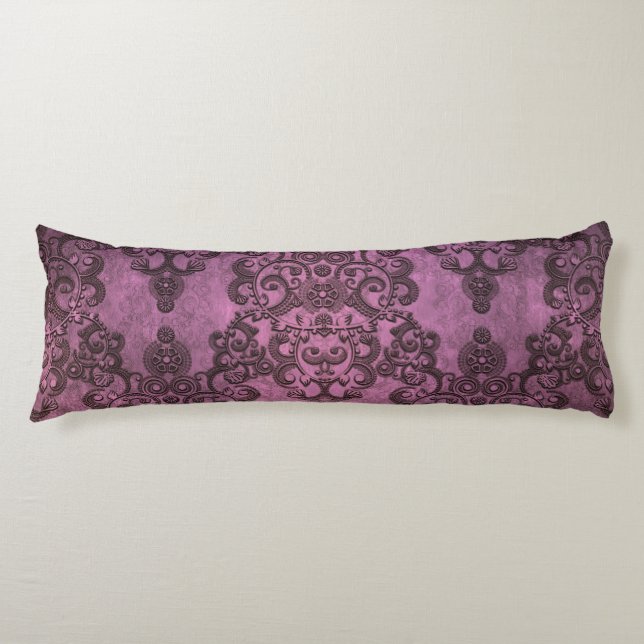 Elegant Rustic Distressed Purple Damask Pattern Body Cushion (Front)