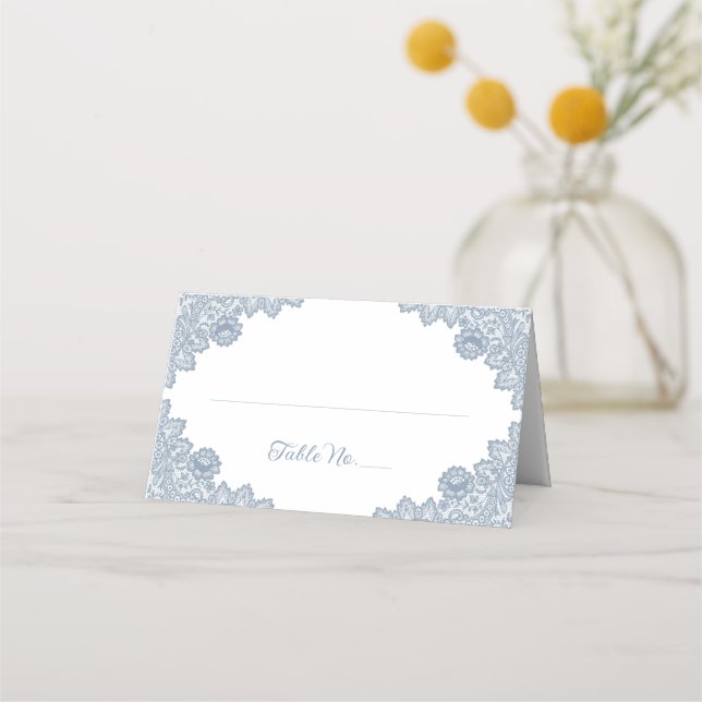 Elegant Rustic Dusty Blue Floral Lace Wedding Place Card (Front)