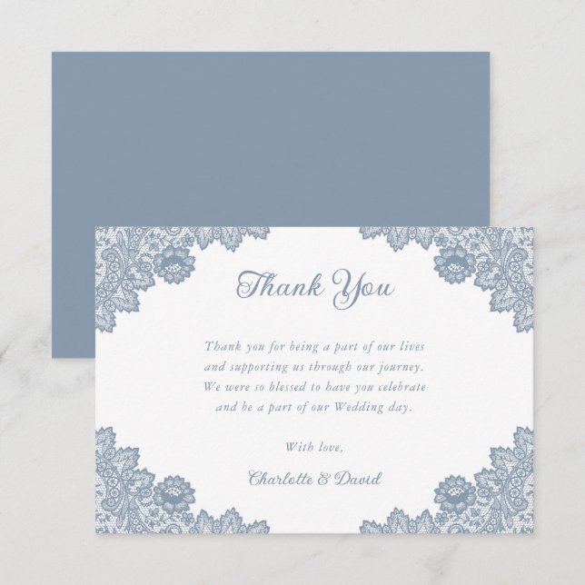 Elegant Rustic Dusty Blue Floral Lace Wedding Thank You Card (Front/Back)