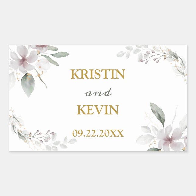 Elegant Rustic Dusty White flowers watercolor Gold Rectangular Sticker (Front)