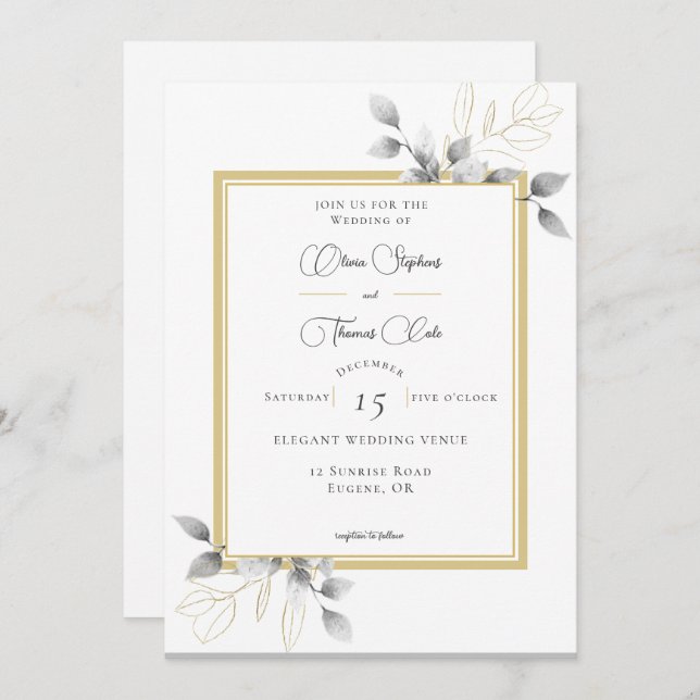 Elegant Rustic Eucalyptus Calligraphy Gold Wedding Invitation (Front/Back)