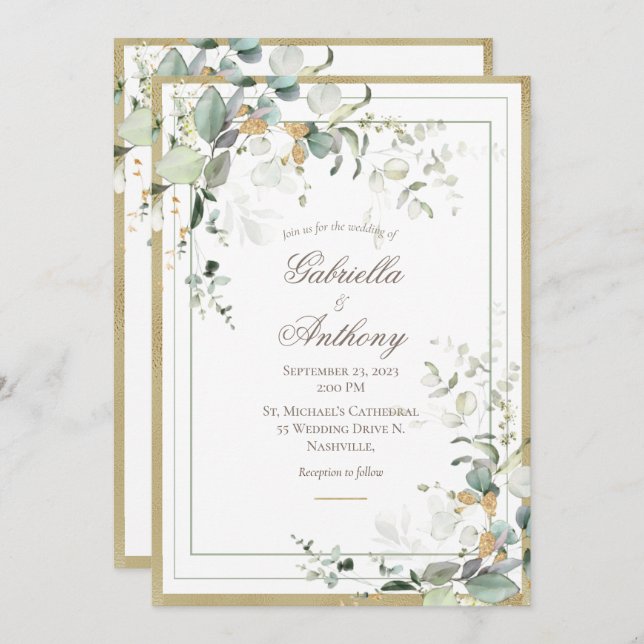 Elegant Rustic Eucalyptus Greenery Gold Wedding  Invitation (Front/Back)