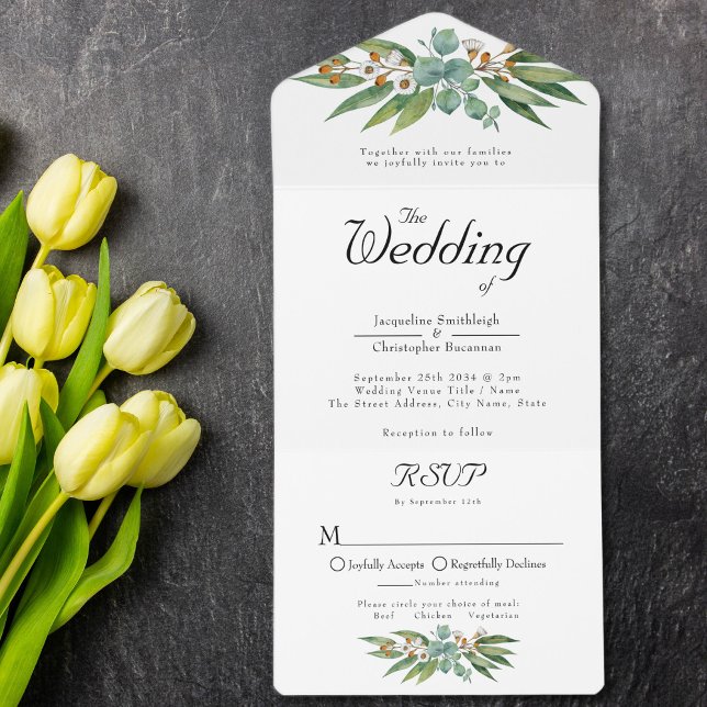 Elegant Rustic Eucalyptus Leaves Greenery Wedding All In One Invitation (Creator Uploaded)