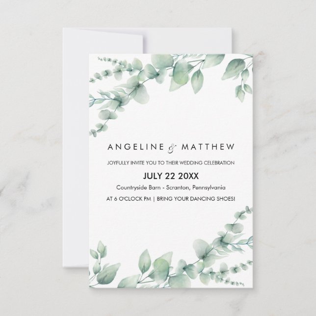 Elegant Rustic Eucalyptus Leaves Greenery Wedding  Invitation (Front)