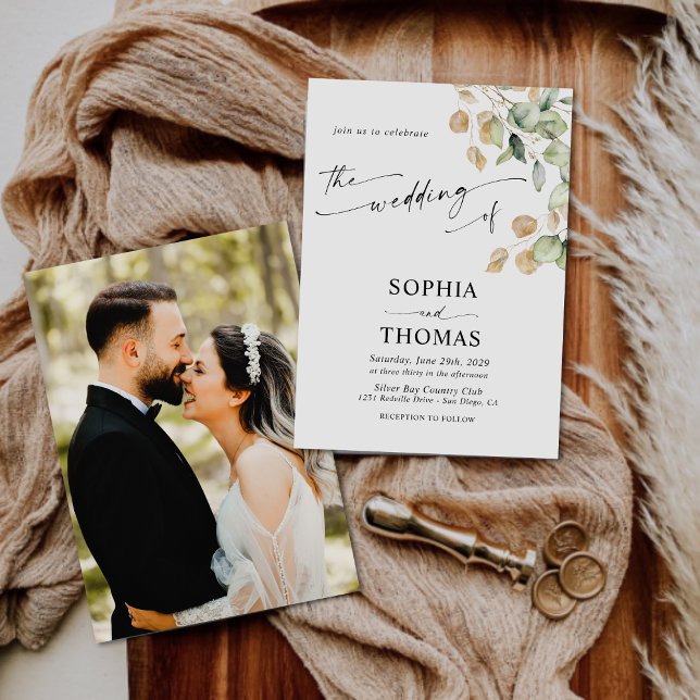 Elegant Rustic Eucalyptus Leaves Photo Wedding  Invitation (Creator Uploaded)