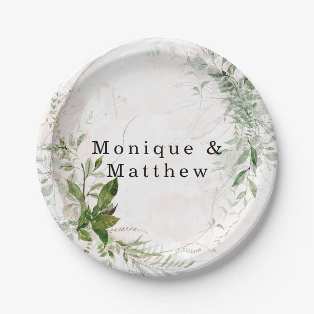 Elegant Rustic Eucalyptus Leaves Pink Wedding Paper Plate (Front)