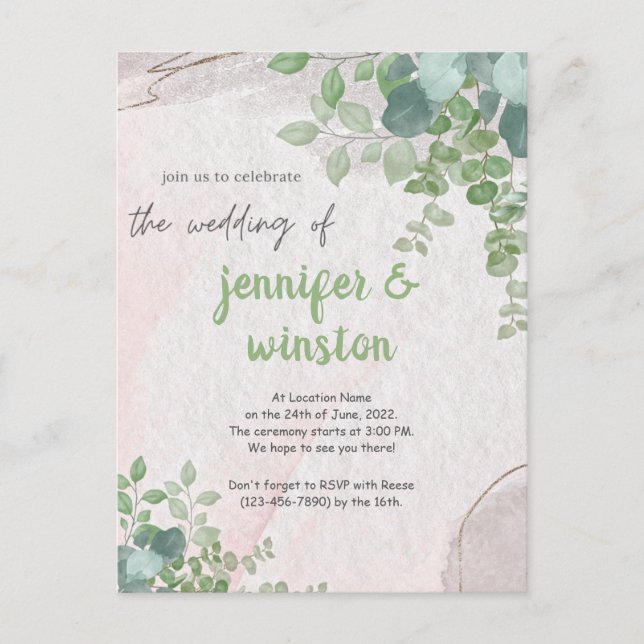 Elegant Rustic Eucalyptus Leaves Wedding Invitation Postcard (Front)
