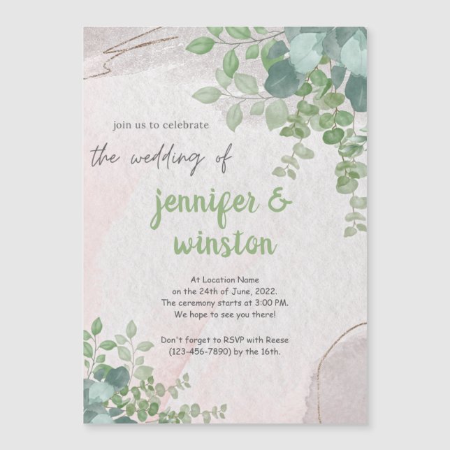 Elegant Rustic Eucalyptus Leaves Wedding Magnetic Invitation (Front)