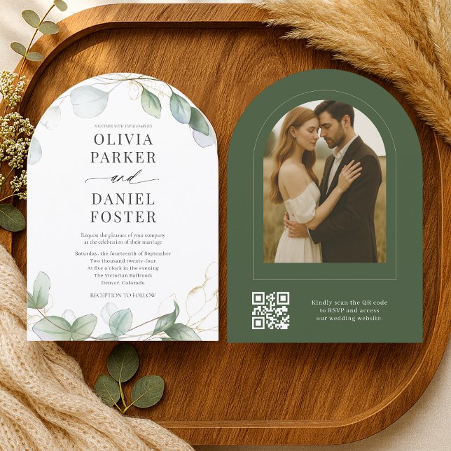 Elegant Rustic Eucalyptus QR Code Photo Wedding Invitation (Creator Uploaded)