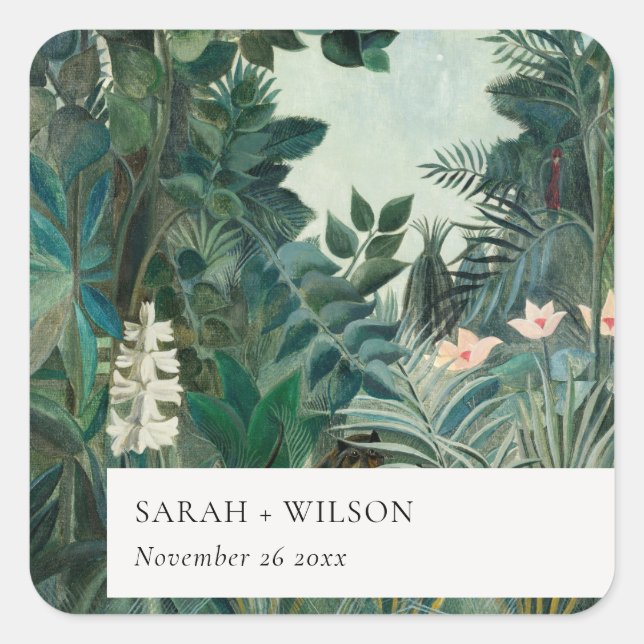 Elegant Rustic Exotic Tropical Rainforest Wedding Square Sticker (Front)