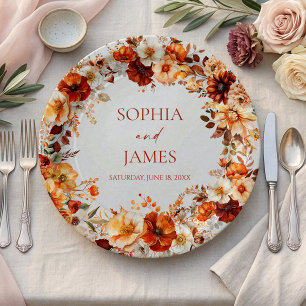 Elegant Rustic Fall Autumn Floral Wedding Paper Plate