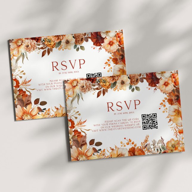 Elegant Rustic Fall Autumn Floral Wedding QR Code RSVP Card (Creator Uploaded)