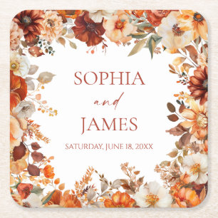 Elegant Rustic Fall Autumn Floral Wedding Square Paper Coaster