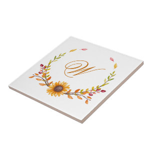 Elegant Rustic Fall Floral Bouquet Monogram Tile