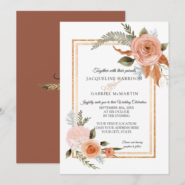 Elegant Rustic Fall Floral Terracotta Gold Wedding Invitation (Front/Back)