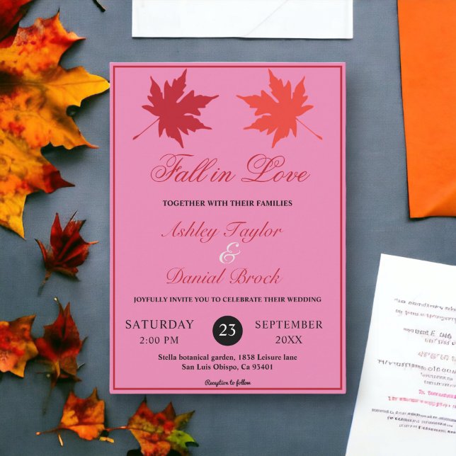 Elegant Rustic Fall Leaves Boho Pink Fall Wedding Invitation (Creator Uploaded)