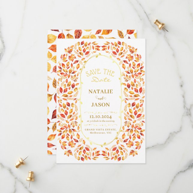 Elegant Rustic Fall Leaves Boho Wedding Save The Date (Front/Back In Situ)