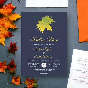 Elegant Rustic Fall Leaves Navy Blue Chic Wedding Invitation