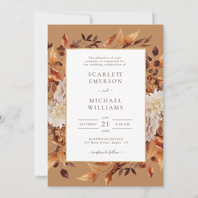 Elegant Rustic Fall Leaves Wedding Invitation (Front)