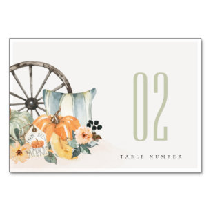 Elegant Rustic Fall Pumpkin Leafy Floral Wheel Table Number