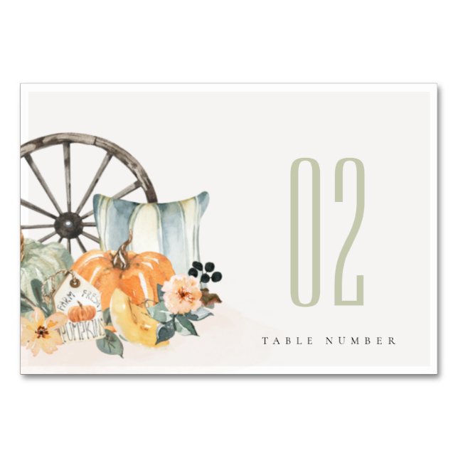 Elegant Rustic Fall Pumpkin Leafy Floral Wheel Table Number (Front)